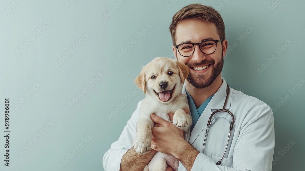 A veterinarian happily holding a puppy in their arms, isolated on a simple background