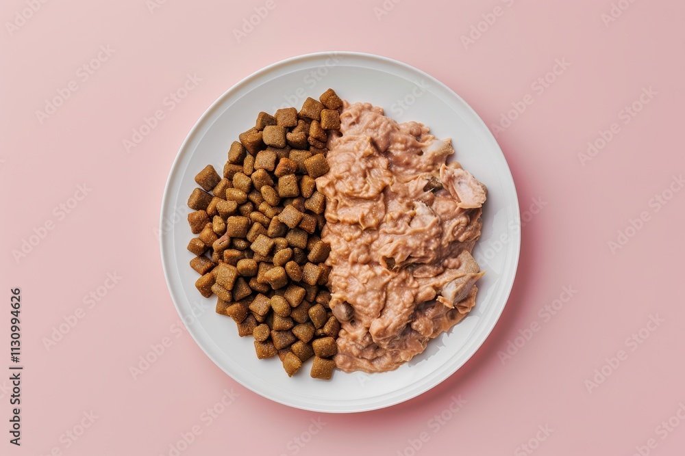 Pet food on white plate pink background Top view