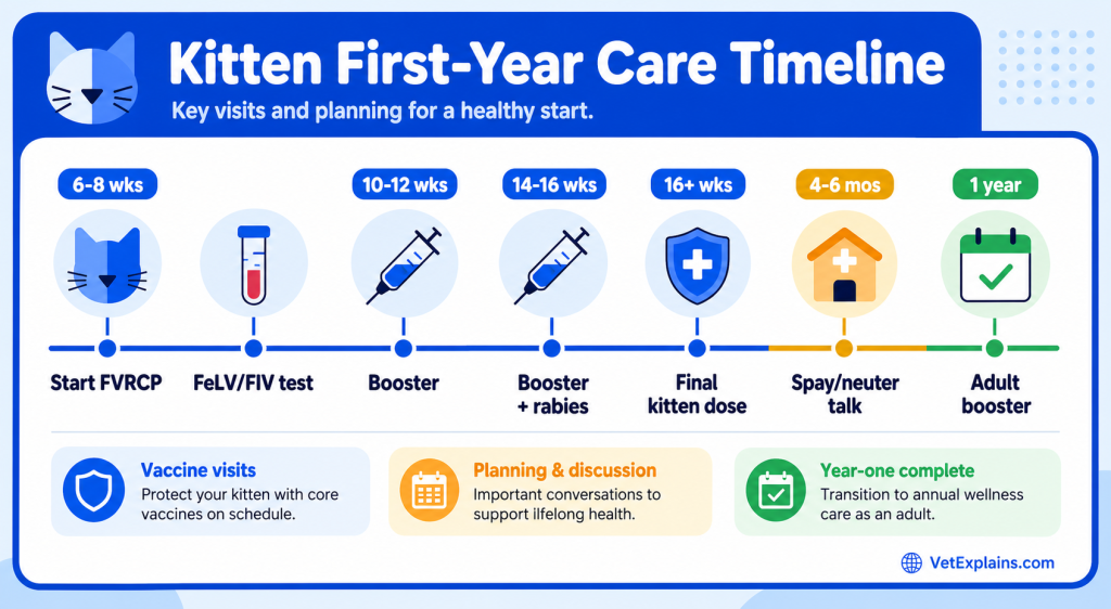 Kitten first-year care timeline, including core vaccine visits, FeLV/FIV testing, rabies, spay/neuter planning, and the 1-year adult booster.
